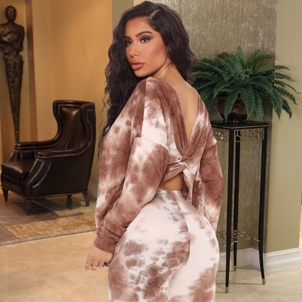 Nightclub printed tie-dye halter twisted front long and short two-piece suit GL6399 