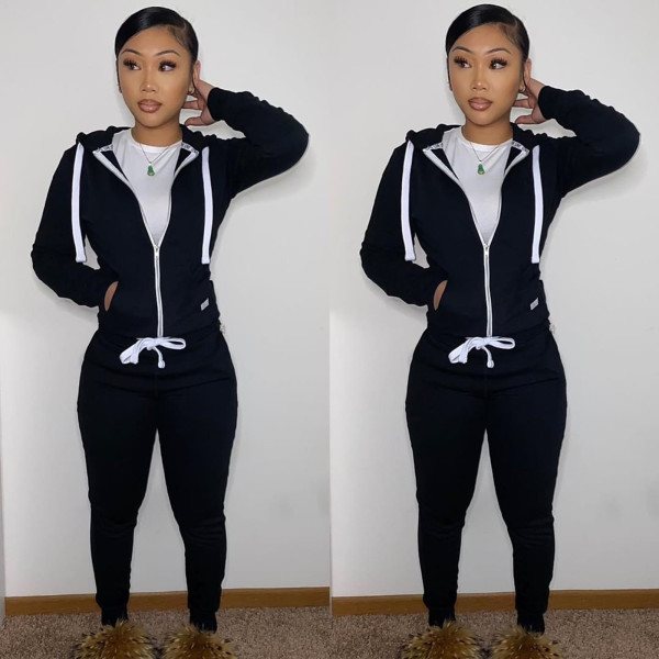Autumn and winter women's cotton sweater tight-fitting two-piece hooded suit HR8195