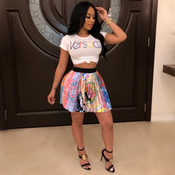 Trendy pleated skirt printed T-shirt two-piece suit BN7212