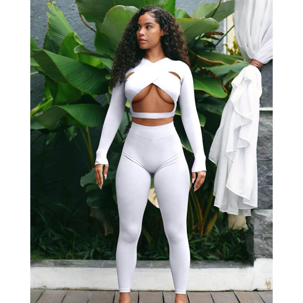 Nightclub solid color sexy cross hollow sports two-piece suit GL6396 