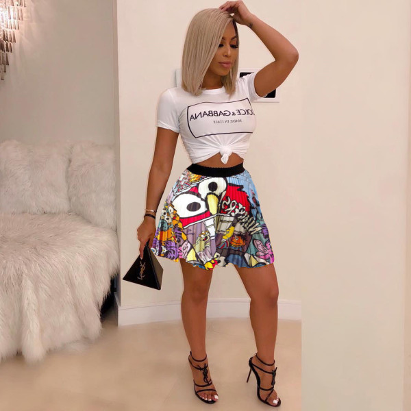 Trendy pleated skirt printed T-shirt two-piece suit BN7212