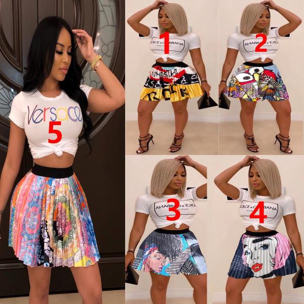 Trendy pleated skirt printed T-shirt two-piece suit BN7212