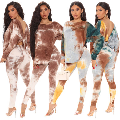 Nightclub printed tie-dye halter twisted front long and short two-piece suit GL6399 