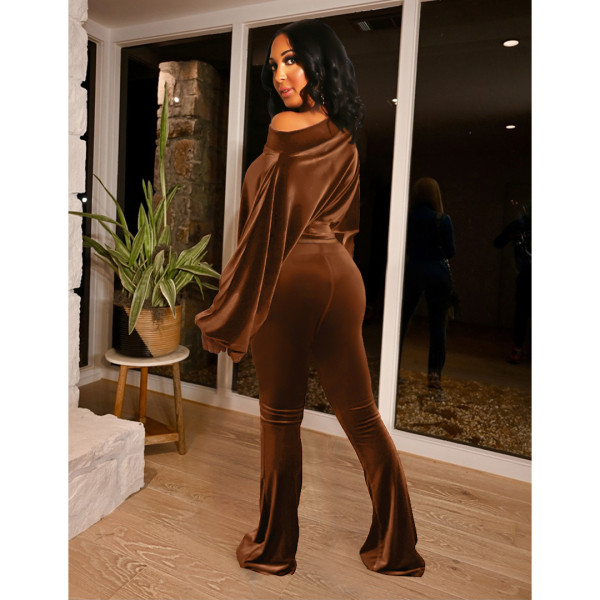 Nightclub Flannel Shoulder Lantern Sleeve Pocket Flared Pants Set GL6517