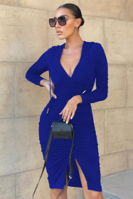 Fashion sexy deep V-neck front slit with tie rope retractable dress WY6854