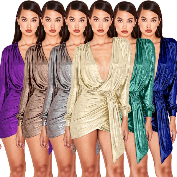 Nightclub pit strip hot stamping zipper deep V-neck sexy short skirt dress GL6087