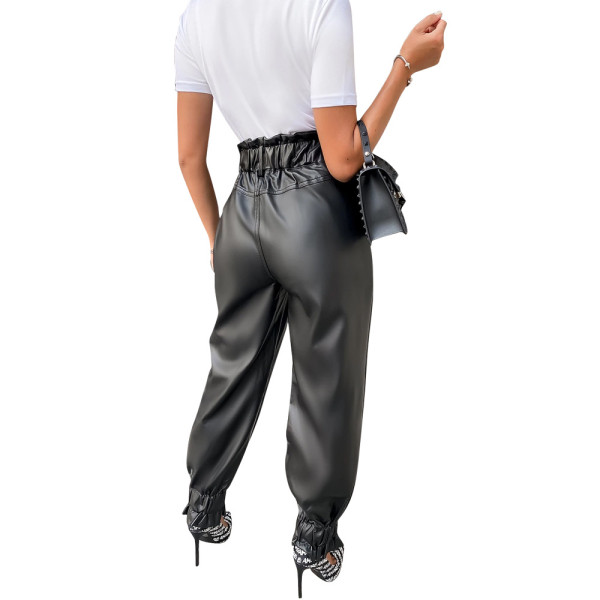 Explosion style hot sale high waist pleated leather pants Y8063
