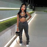 2021 autumn and winter new women's high waist bag hip casual pants fold split fashion slim jeans women W21P04882