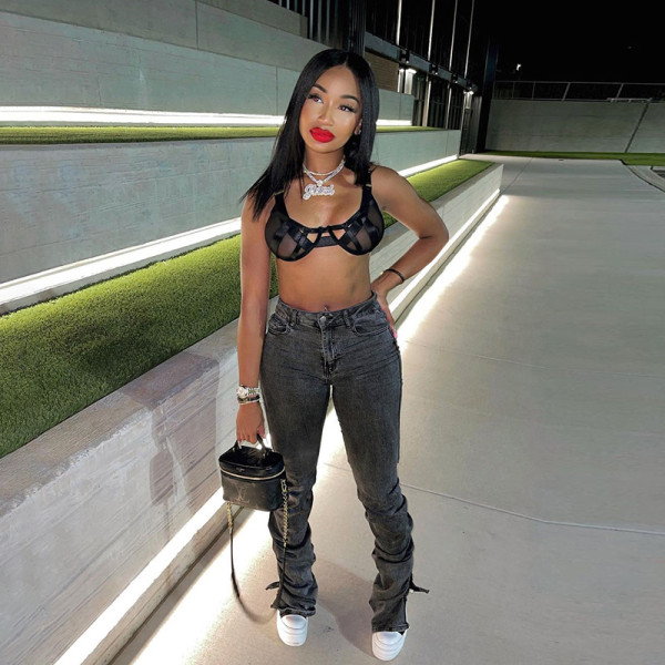 2021 autumn and winter new women's high waist bag hip casual pants fold split fashion slim jeans women W21P04882