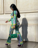 Fashion casual temperament printed stretch fabric trouser suit two-piece suit Y7029