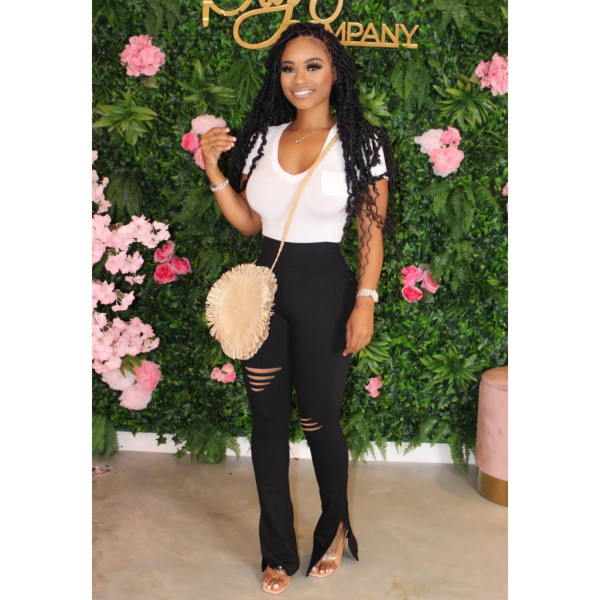 Autumn and winter fashion casual trousers sexy burnt flower split casual trousers J6238