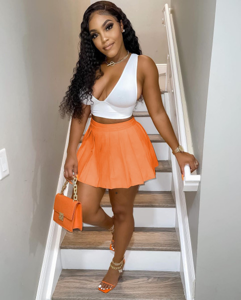 Women's sexy V-neck contrast color pleated skirt two-piece dress LY8046