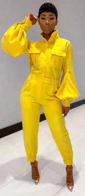 Solid color lantern sleeve long sleeve jumpsuit Y8048