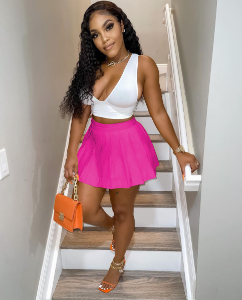 Women's sexy V-neck contrast color pleated skirt two-piece dress LY8046