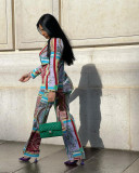 Fashion casual temperament printed stretch fabric trouser suit two-piece suit Y7029