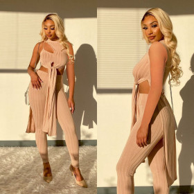 Hollow lace split solid color pit strip two-piece suit LY8030