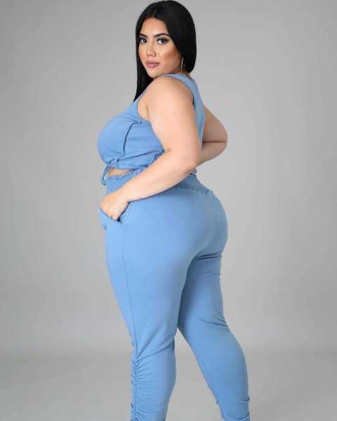 Women's plus size fashion solid color drawstring pleated two-piece suit LY8038