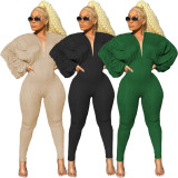 New style for autumn and winter, big hem, pleated loose sleeves, pit striped solid color jumpsuit PQ8665