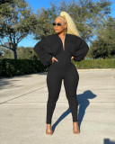 New style for autumn and winter, big hem, pleated loose sleeves, pit striped solid color jumpsuit PQ8665