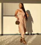 Hollow lace split solid color pit strip two-piece suit LY8030