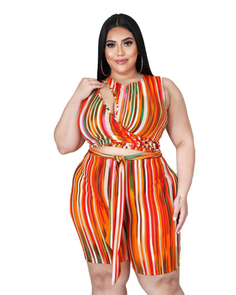 Plus size women's fashion print multicolor vertical striped hollow zipper jumpsuit LY8025