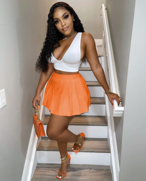 Women's sexy V-neck contrast color pleated skirt two-piece dress LY8046