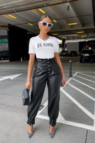 Explosion style hot sale high waist pleated leather pants Y8063