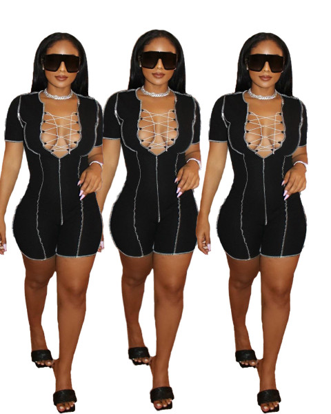 Women's V-neck sexy bust lace-up anti-car side jumpsuit LY8020
