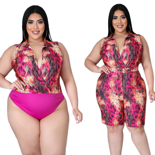 Plus size women's sexy fashion print stitching multi-wear two-piece suit LY8042