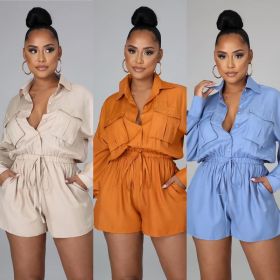 New solid color fashion high-waisted casual shirt collar tooling shorts LY8048