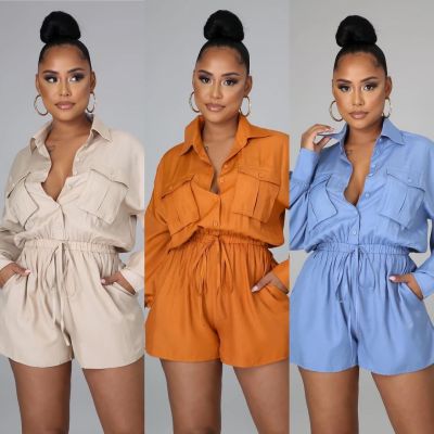 New solid color fashion high-waisted casual shirt collar tooling shorts LY8048