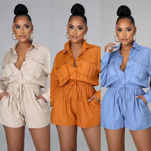 New solid color fashion high-waisted casual shirt collar tooling shorts LY8048