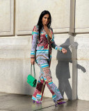 Fashion casual temperament printed stretch fabric trouser suit two-piece suit Y7029