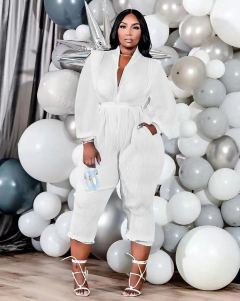 Women's fashion solid color pleated all-match V-neck long-sleeved jumpsuit LY8052