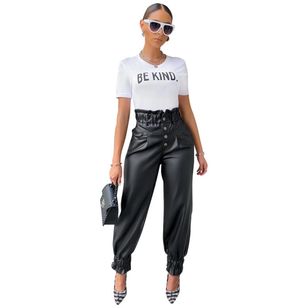 Explosion style hot sale high waist pleated leather pants Y8063