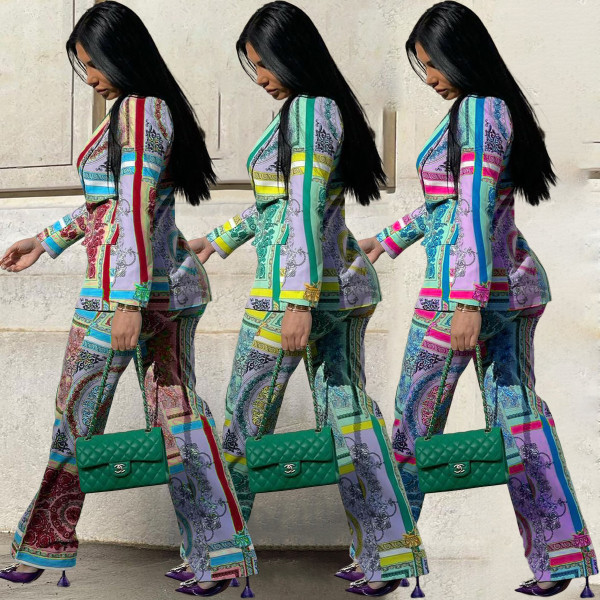 Fashion casual temperament printed stretch fabric trouser suit two-piece suit Y7029
