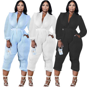 Women's fashion solid color pleated all-match V-neck long-sleeved jumpsuit LY8052