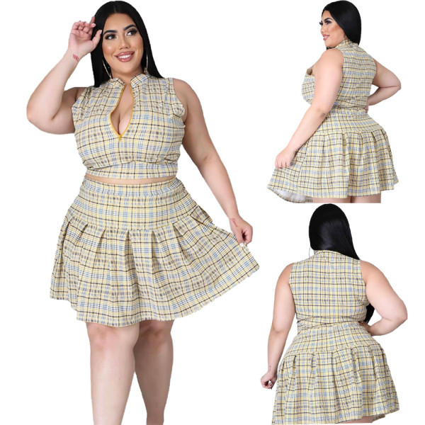 Plus size women's clothing plaid printed zipper pleated two-piece skirt LY8037