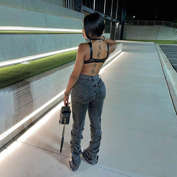 2021 autumn and winter new women's high waist bag hip casual pants fold split fashion slim jeans women W21P04882