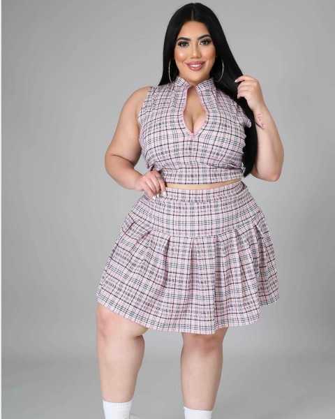 Plus size women's clothing plaid printed zipper pleated two-piece skirt LY8037