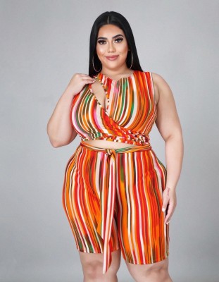 Plus size women's fashion print multicolor vertical striped hollow zipper jumpsuit LY8025
