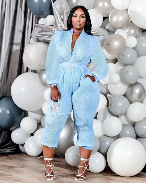 Women's fashion solid color pleated all-match V-neck long-sleeved jumpsuit LY8052