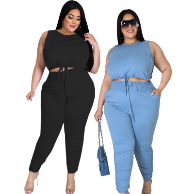 Women's plus size fashion solid color drawstring pleated two-piece suit LY8038