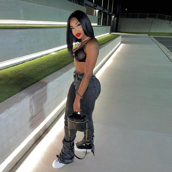 2021 autumn and winter new women's high waist bag hip casual pants fold split fashion slim jeans women W21P04882