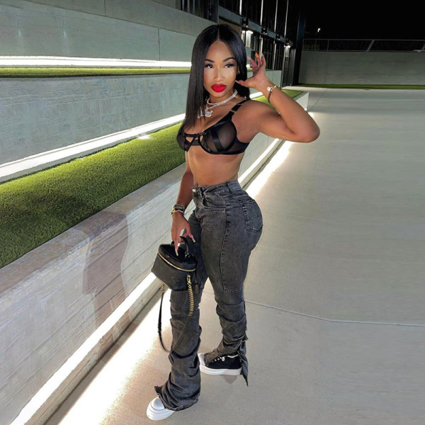 2021 autumn and winter new women's high waist bag hip casual pants fold split fashion slim jeans women W21P04882