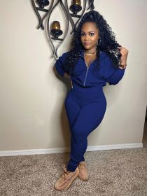Fashion casual women's solid color zipper pile sleeves jumpsuit Z1050