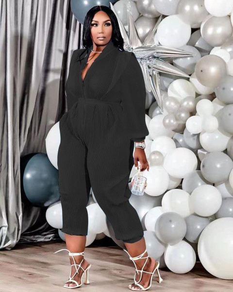 Women's fashion solid color pleated all-match V-neck long-sleeved jumpsuit LY8052