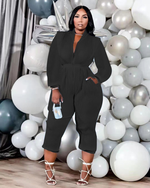 Women's fashion solid color pleated all-match V-neck long-sleeved jumpsuit LY8052