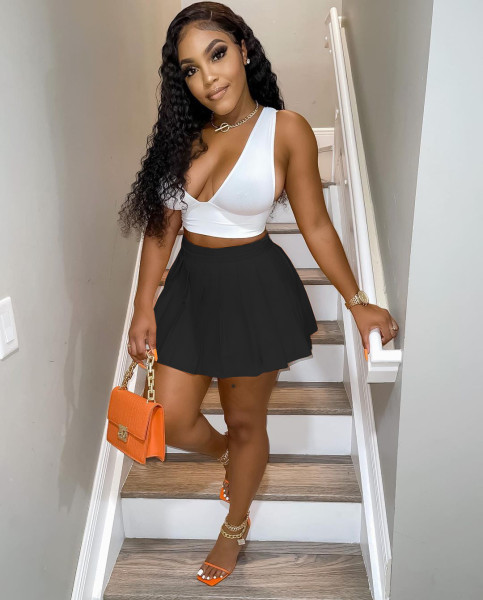 Women's sexy V-neck contrast color pleated skirt two-piece dress LY8046