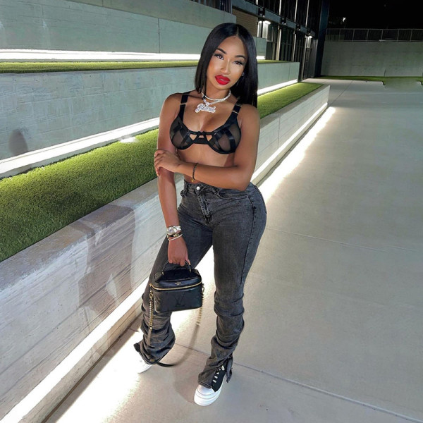 2021 autumn and winter new women's high waist bag hip casual pants fold split fashion slim jeans women W21P04882
